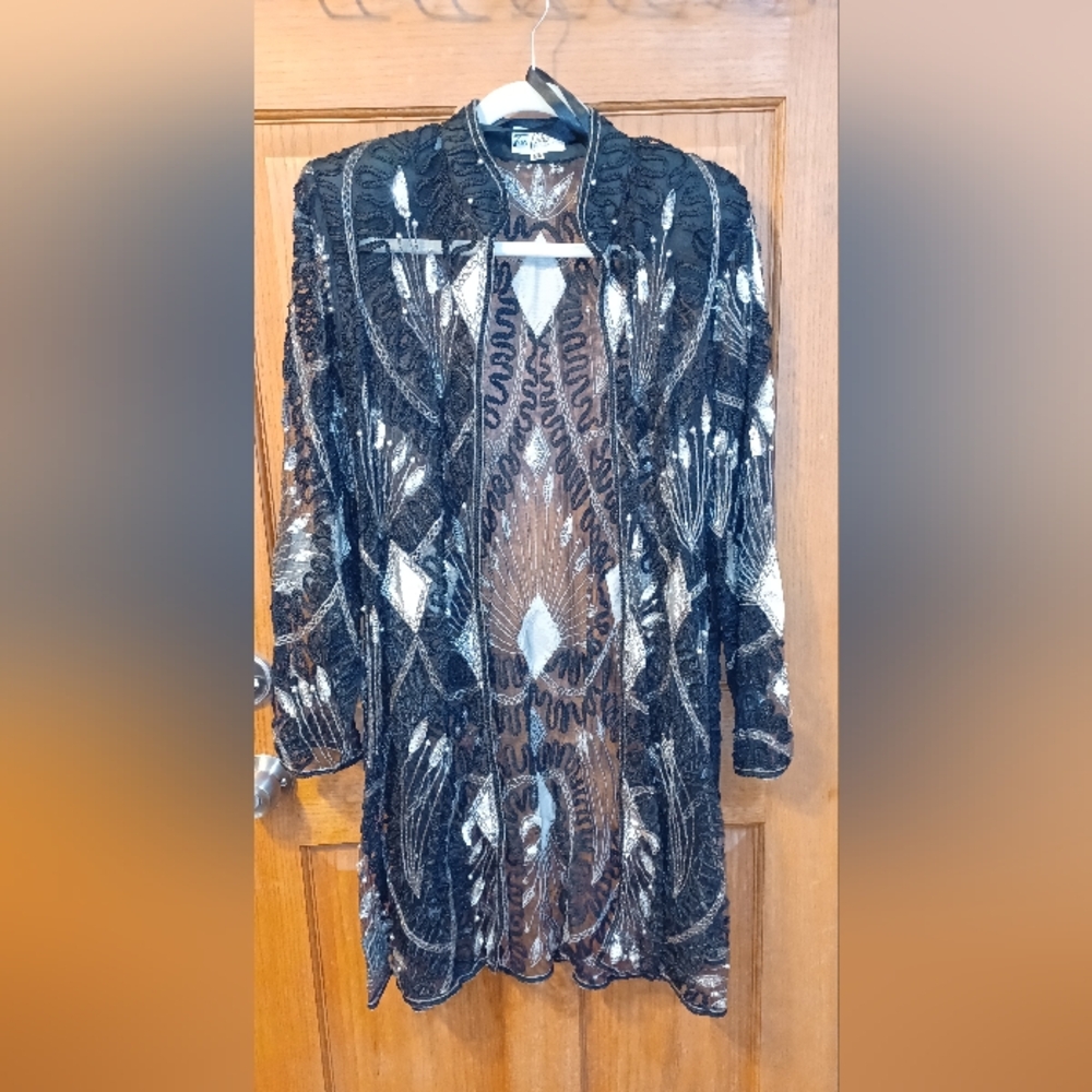 Tan Chho Vintage 80s Designer  Sheer Sequins Midi Duster with Embellishments